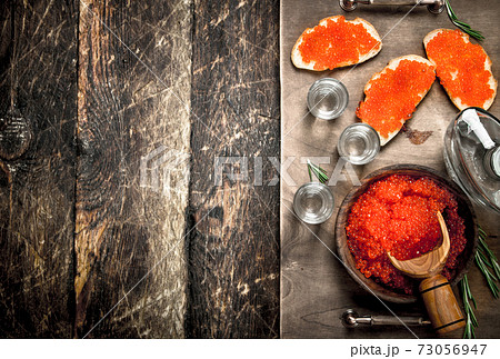Sandwiches with red caviar and vodka on a tray. Sandwiches with red caviar and vodka on a tray. 73056947
