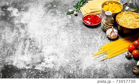 Various pasta with tomato sauce , spices and rosemary. Various pasta with tomato sauce , spices and rosemary. 73057730