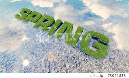 Spring text made from fresh grass among water 3D 73061838