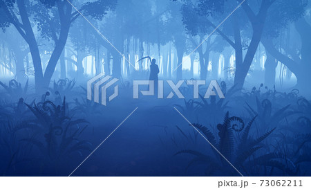 Misty night forest with grim reaper silhouette 3D Misty night forest with grim reaper silhouette 3D 73062211