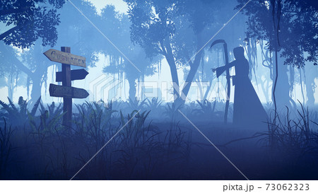 Grim reaper moving towards the village at night 3D Grim reaper moving towards the village at night 3D 73062323