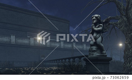 Sculpture of Cupid in spooky night autumn park 3D 73062659