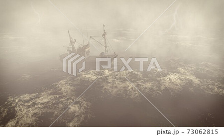 Small fishing boat at heavy storm in open sea 3D Small fishing boat at heavy storm in open sea 3D 73062815