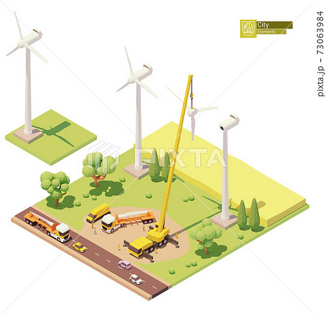 Vector low poly wind turbines farm construction 73063984