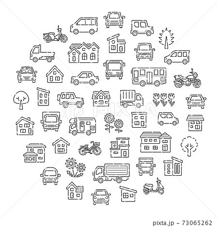 家と車と二輪車と植物のサークルギャラリー(破線の線のみ) 家と車と二輪車と植物のサークルギャラリー(破線の線のみ) 73065262