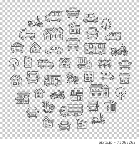 家と車と二輪車と植物のサークルギャラリー(破線の線のみ) 家と車と二輪車と植物のサークルギャラリー(破線の線のみ) 73065262