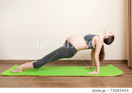 Portrait of young pregnant yoga model working at the home. Pregnancy Yoga and Fitness concept at coronavirus time 73065454