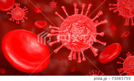 COVID-19 and Red blood cells. Microscope of Coronavirus disease. Pandemic medical concept. 3D rendering illustration. 73065759