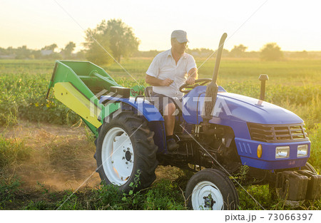 The farmer rides a tractor. Work on small farms. Support and subsidies. Farming and farmland. Campaign harvesting potatoes in autumn. Countryside. Food production. Agricultural work in the field. 73066397