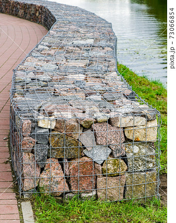 environmental object, gabion fence wall from steel mesh with stones 73066854