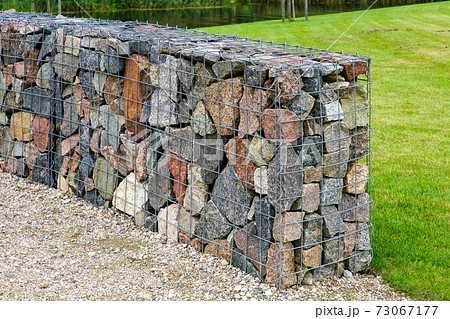 environmental object, gabion fence wall from steel mesh with stones 73067177