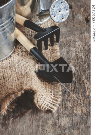 Garden tool, shovel, rake, watering can, bucket, bag on a wooden old brown background, close-up 73067224