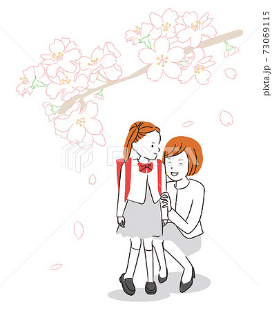 手書き線画カラーイラスト 入学式 桜と母親と娘のイラスト素材