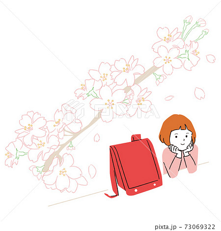 手書き線画カラーイラスト 桜を見ながらランドセルの隣 楽しみに待つ女の子のイラスト素材