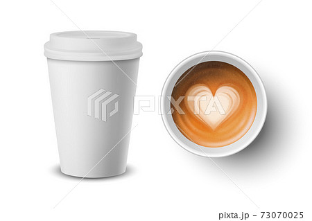 Vector 3d Realistic Paper, Plastic White Disposable Coffee Cup, Lid. Milk Coffee, Heart Pattern Set Isolated. Capuccino, Latte. Vector Illustration. Design Template, Mockup. Top, Front View Vector 3d Realistic Paper, Plastic White Disposable Coffee Cup, Lid. Milk Coffee, Heart Pattern Set Isolated. Capuccino, Latte. Vector Illustration. Design Template, Mockup. Top, Front View 73070025