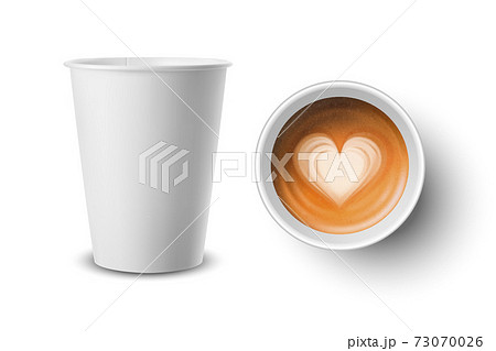 Vector 3d Realistic Paper, Plastic White Disposable Coffee Cup with Milk Coffee, Heart Pattern Set Isolated. Capuccino, Latte. Vector illustration. Design Template for Mockup. Top, Front View Vector 3d Realistic Paper, Plastic White Disposable Coffee Cup with Milk Coffee, Heart Pattern Set Isolated. Capuccino, Latte. Vector illustration. Design Template for Mockup. Top, Front View 73070026