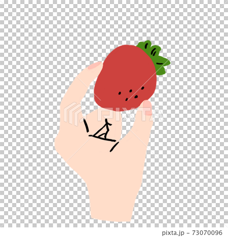 Illustration of a hand pinching a large strawberry 73070096