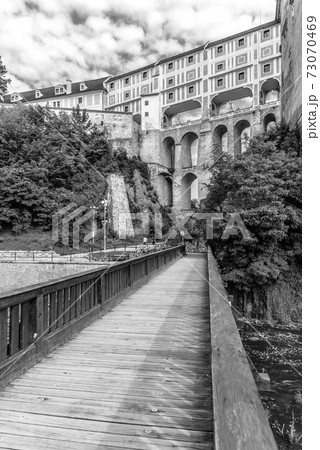 Cloak Bridge, Czech: Plastovy most, of Cesky Krumlov Castle. Multi-stage medieval bridge. View from bottom. Cesky Krumlov, Czech Republic 73070469