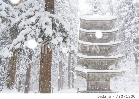 冬の羽黒山五重塔の写真素材