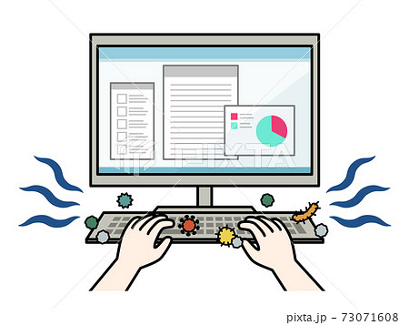 ウイルスや菌が付着しているパソコンキーボードのイラスト素材