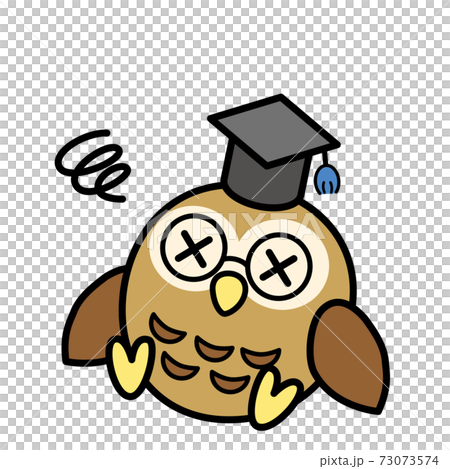 目をバッテンにして座り込むふくろう博士のイラスト 73073574