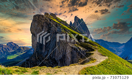 Seceda peak, Trentino Alto Adige, Dolomites Alps, South Tyrol, Italy, Europe. Odle mountain range, Val Gardena, Majestic Furchetta peak, Italian dolomites. 73075129