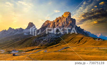 Giau Pass high alpine pass, Passo Giau popular travel destination in Dolomites, Dolomites, Italy. Giau Pass high alpine pass, Passo Giau popular travel destination in Dolomites, Dolomites, Italy. 73075139