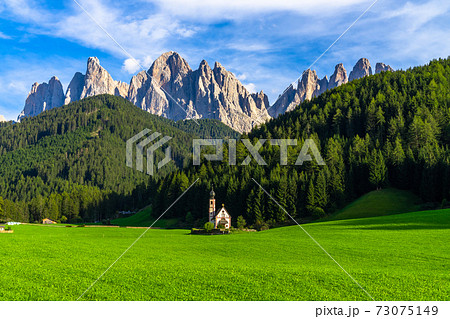St Johann Church, Santa Maddalena, Church in Santa Maddalena village, Village in the Dolomites mountain peaks in St. Magdalena or Santa Maddalena with characteristic church, South Tyrol, Italy 73075149