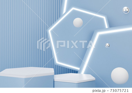 3d rendering light blue hexagon podium with white neon light and sphere. 3d rendering light blue hexagon podium with white neon light and sphere. 73075721