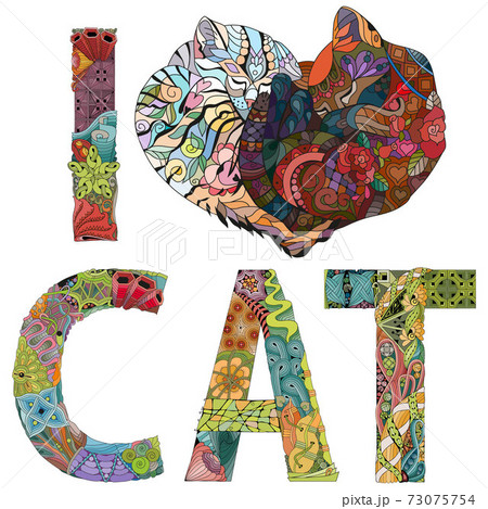 Words I LOVE CAT with a heart with slipeeng cats. Vector decorative zentangle object Words I LOVE CAT with a heart with slipeeng cats. Vector decorative zentangle object 73075754