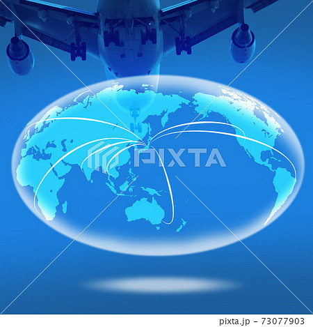 楕円形の世界地図 日本地図に飛行機のシルエットのイラスト素材