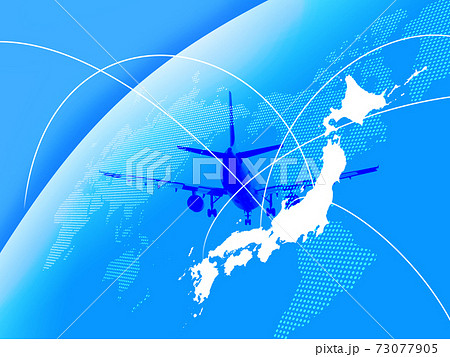 世界地図 日本地図に飛行機のシルエットのイラスト素材