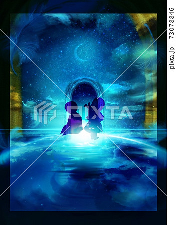 青く輝く海の惑星に腰掛ける男の子とウサギのぬいぐるみを持った女の子と水に溶けていく夜空の不思議な風景のイラスト素材
