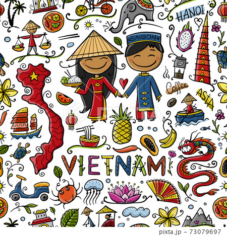 Travel to Vietnam. Seamless pattern with traditional Vietnamese cultural symbols. Vietnamese landmarks and lifestyle of people Travel to Vietnam. Seamless pattern with traditional Vietnamese cultural symbols. Vietnamese landmarks and lifestyle of people 73079697