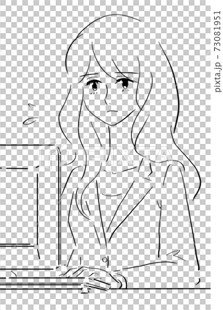 パソコン操作で困っている若い女性の線画イラスト パソコン操作で困っている若い女性の線画イラスト 73081951