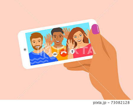 Friends online video call smartphone illustration 73082128