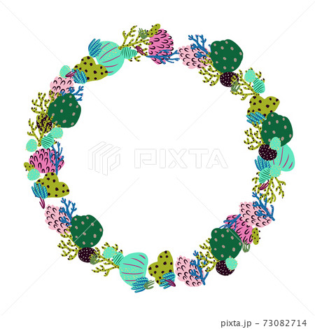 Abstract round frame made of flowers, corals and branches. Marine plants. Vector wreath. 73082714