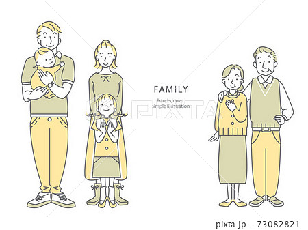 三世代家族のシンプルなパステルカラーの線画イラストのイラスト素材 7301
