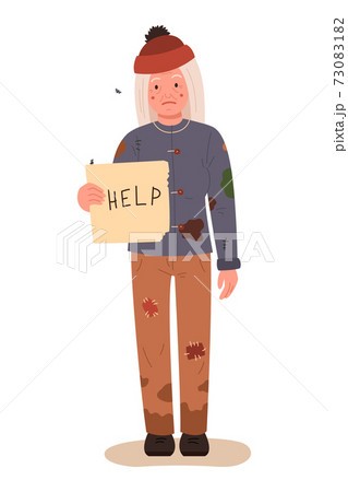 Homeless woman holding a sign for help. Vector illustration on white isolated background Homeless woman holding a sign for help. Vector illustration on white isolated background 73083182