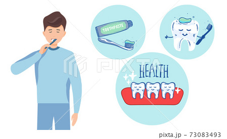 man brushing his teeth. Vector illustration of a flat design. my health lettering. teeth cleaning, healthy teeth. concept infographic. 73083493