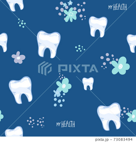 Vector dental seamless pattern: white teeth on blue background. Cute funny hand drawn teeth. vector illustration. background for fabric, textile design, wrapping paper, wallpaper 73083494