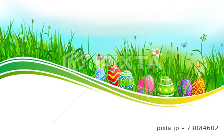 Easter eggs with green grass and flower wave Easter eggs with green grass and flower wave 73084602