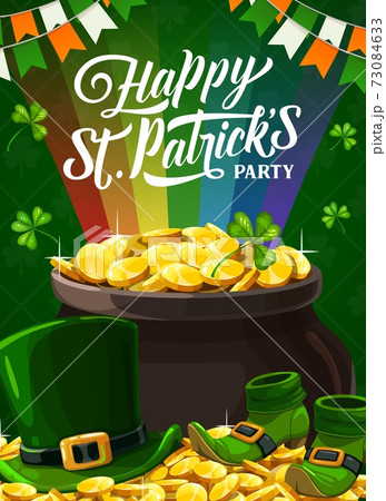 Happy St. Patricks party pot with golden coins 73084633