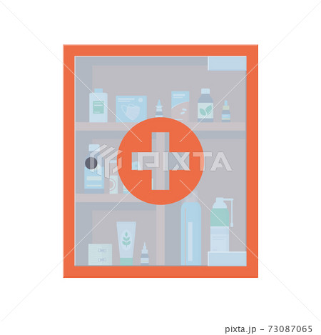Wall medicine chest full of drugs, pills, tablets and bottles. Red medical cabinet with close glass transparent door. 73087065