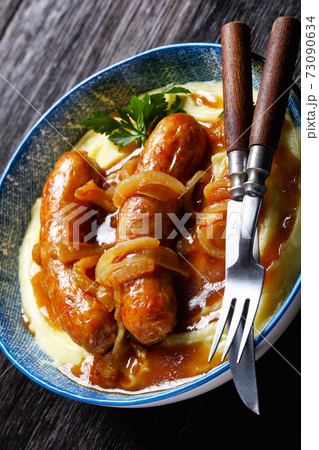 Bangers and mash traditional british dish top view Bangers and mash traditional british dish top view 73090634