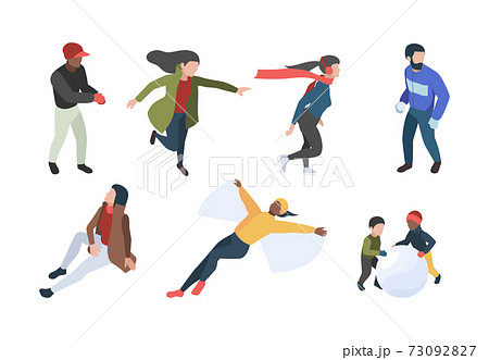 Winter people. Isometric characters in winter clothes walking enjoying xmas romantic season garish vector collection Winter people. Isometric characters in winter clothes walking enjoying xmas romantic season garish vector collection 73092827