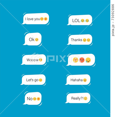 Online communication phrases with smilies. Speech blue bubbles greeting with joyful laugh and denial. Online communication phrases with smilies. Speech blue bubbles greeting with joyful laugh and denial. 73092886