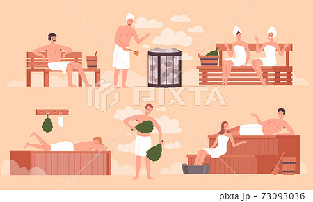 Sauna bathing. People relaxing in public sauna and washing room wellness spa body recreation pool activities vector people 73093036