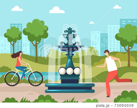 Fountain in park. Nature background urban garden with water decorative fountain ornate objects vector illustrations 73093039