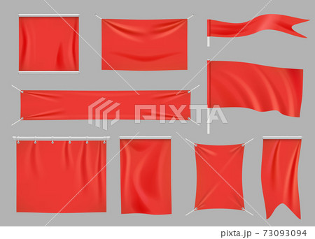 Colored fabric banners. Promotional flag decoration empty textile banners clothes texture vector set 73093094